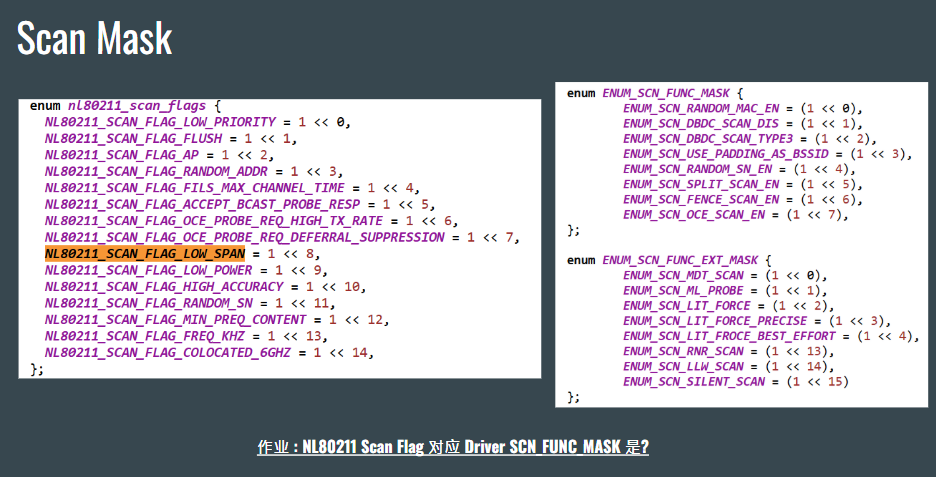 Scan Mask：NL80211 Scan Flags 与 Driver SCN FUNC MASK / EXT MASK 的对应关系